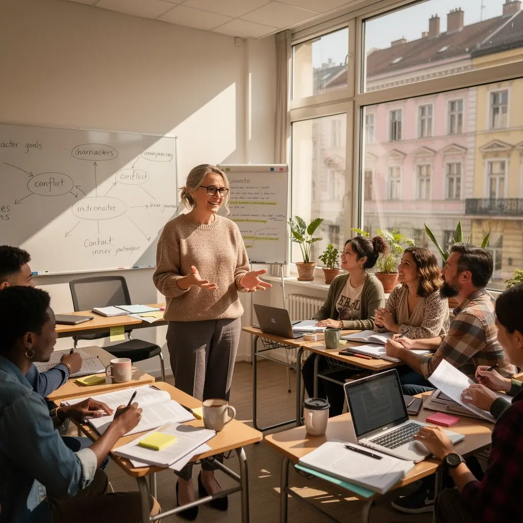 Eine Gruppe von Studenten nimmt an einem Online-Theaterkurs teil und diskutiert ihre Charaktere.