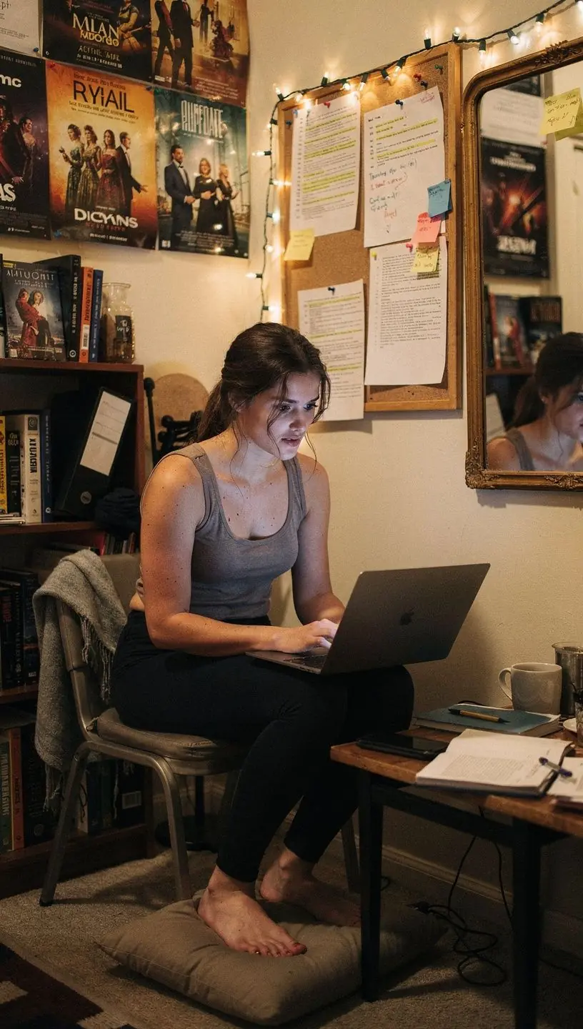 Ein Schauspieler übt eine Szene vor einer Webcam, um seine Fähigkeiten zu verbessern.