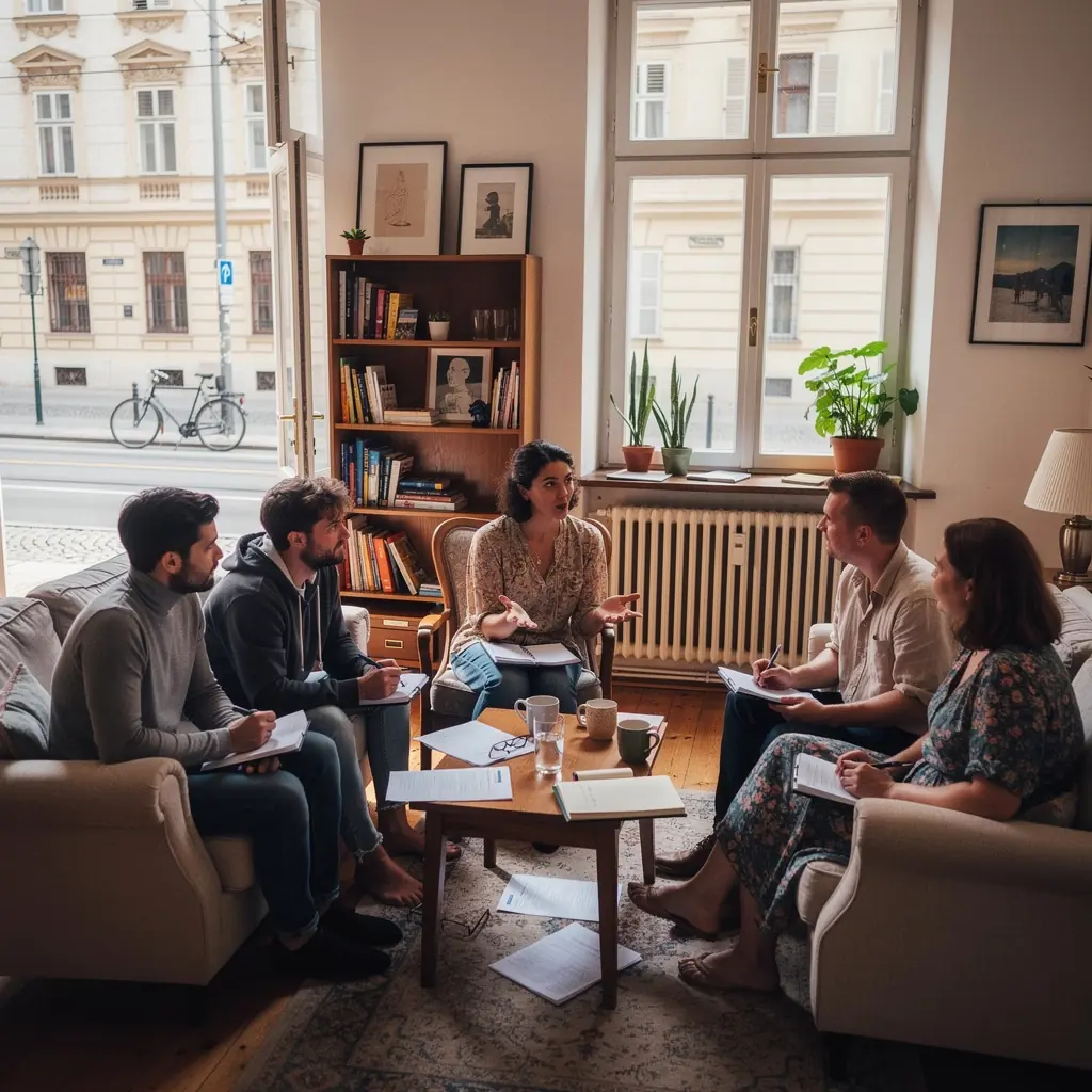 Eine Gruppe von Schauspielern nimmt an einem Online-Workshop zur Charakterentwicklung teil.