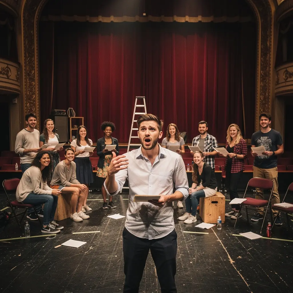 Ein Dozent erklärt den Teilnehmern die Techniken der Bühnenpräsenz während einer Videokonferenz.