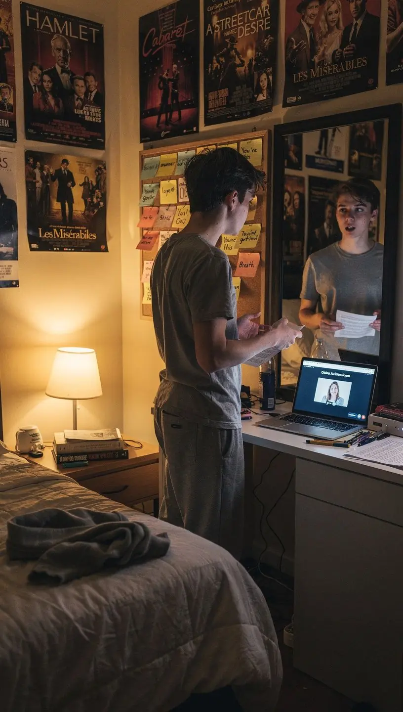 Eine Gruppe von Schauspielern nimmt an einem Online-Workshop zur Charakterentwicklung teil.