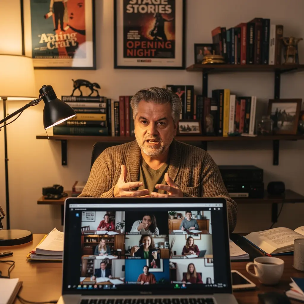 Eine Gruppe von Schauspielern nimmt an einem Online-Workshop zur Charakterentwicklung teil.